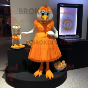 Orange Quail mascot costume character dressed with a Cocktail Dress and Shoe clips