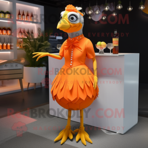 Orange Quail mascot costume character dressed with a Cocktail Dress and Shoe clips