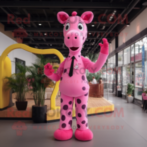 Pink Giraffe mascot costume character dressed with a Culottes and Suspenders