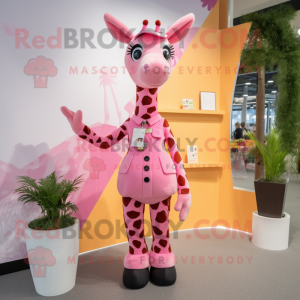 Pink Giraffe mascot costume character dressed with a Culottes and Suspenders