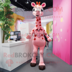 Pink Giraffe mascot costume character dressed with a Culottes and Suspenders