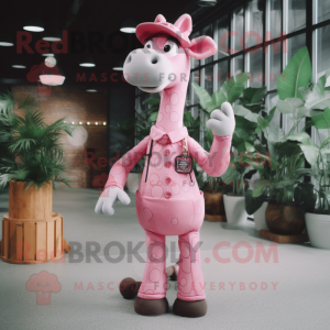 Pink Giraffe mascot costume character dressed with a Culottes and Suspenders