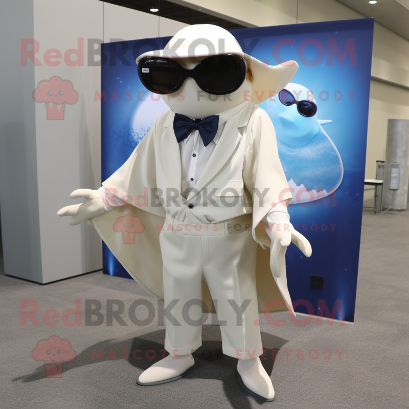 Cream Manta Ray mascot costume character dressed with a Button-Up Shirt and Sunglasses