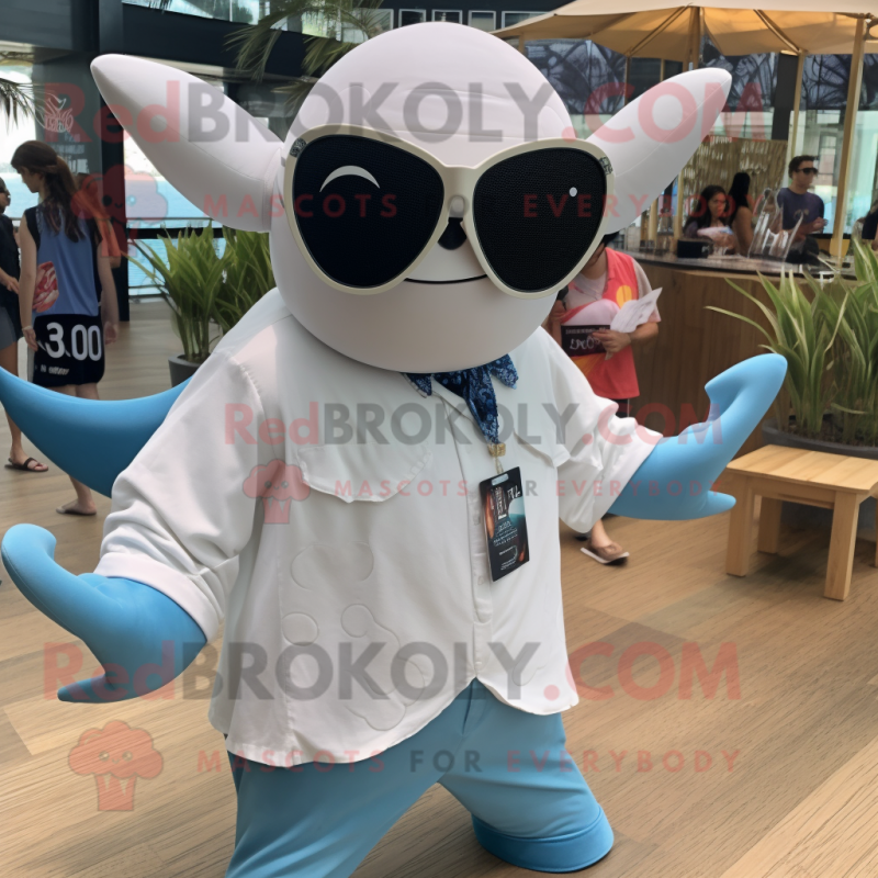 Cream Manta Ray mascot costume character dressed with a Button-Up Shirt and Sunglasses