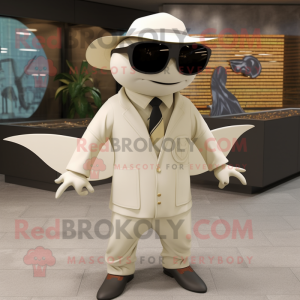 Cream Manta Ray mascot costume character dressed with a Button-Up Shirt and Sunglasses