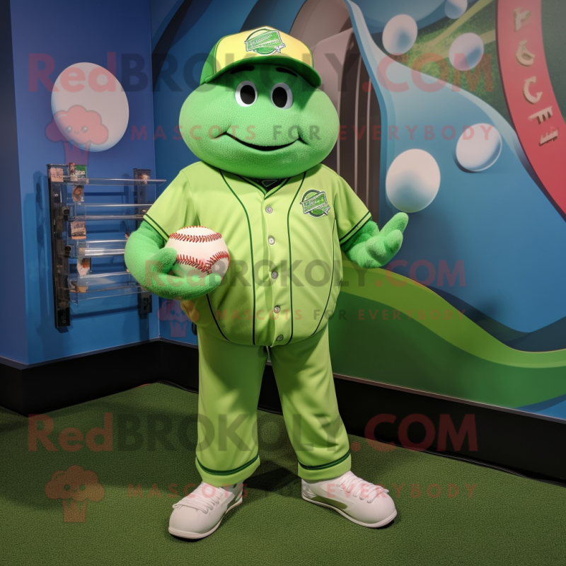 Lime Green Baseball Ball mascot costume character dressed with a Romper and Necklaces Lime Green Baseball Ball mascot costume character dressed with a Romper and Necklaces