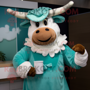 Teal Beef Stroganoff mascot costume character dressed with a Blouse and Mittens