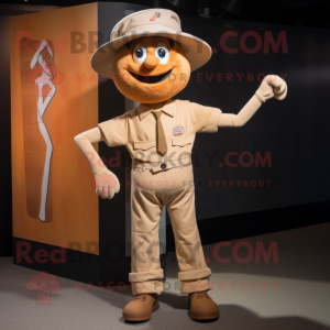 Tan Acrobat mascot costume character dressed with a Bermuda Shorts and Hat pins