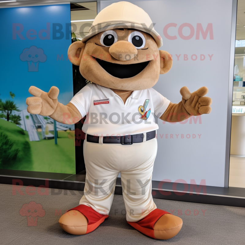Tan Acrobat mascot costume character dressed with a Bermuda Shorts and Hat pins Tan Acrobat mascot costume character dressed with a Bermuda Shorts and Hat pins