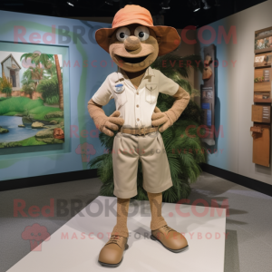 Tan Acrobat mascot costume character dressed with a Bermuda Shorts and Hat pins