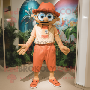 Tan Acrobat mascot costume character dressed with a Bermuda Shorts and Hat pins