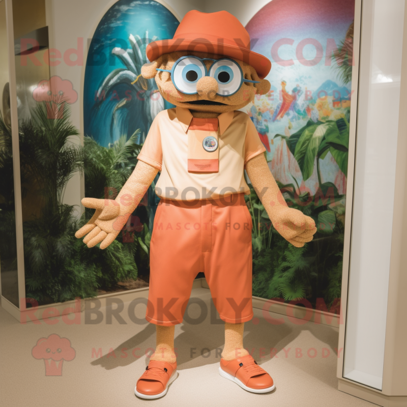 Tan Acrobat mascot costume character dressed with a Bermuda Shorts and Hat pins