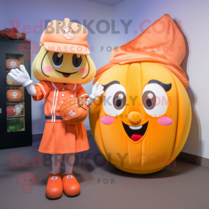 Peach Baseball Glove mascot costume character dressed with a Culottes and Messenger bags