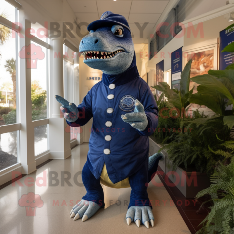 Navy Iguanodon mascot costume character dressed with a Bermuda Shorts and Mittens