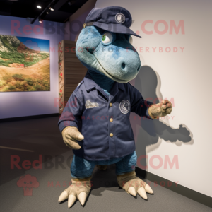 Navy Iguanodon mascot costume character dressed with a Bermuda Shorts and Mittens