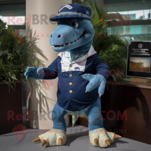 Navy Iguanodon mascot costume character dressed with a Bermuda Shorts and Mittens
