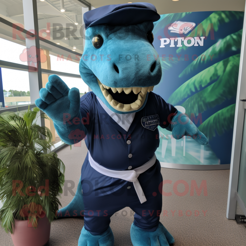 Navy Iguanodon mascot costume character dressed with a Bermuda Shorts and Mittens