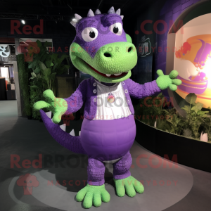 Purple Crocodile mascot costume character dressed with a Circle Skirt and Keychains