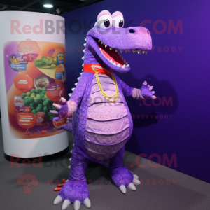 Purple Crocodile mascot costume character dressed with a Circle Skirt and Keychains