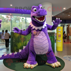 Purple Crocodile mascot costume character dressed with a Circle Skirt and Keychains