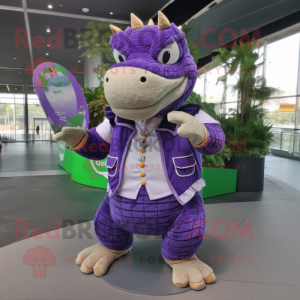 Purple Crocodile mascot costume character dressed with a Circle Skirt and Keychains