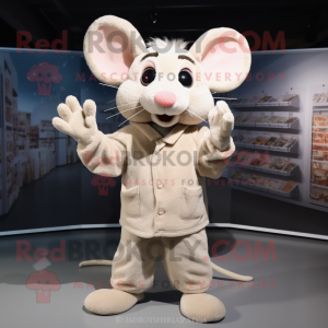 Beige Mouse mascot costume character dressed with a Long Sleeve Tee and Hair clips