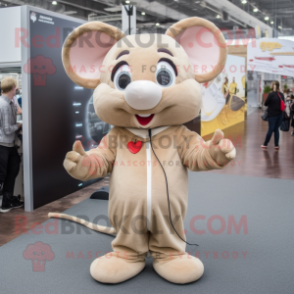 Beige Mouse mascot costume character dressed with a Long Sleeve Tee and Hair clips