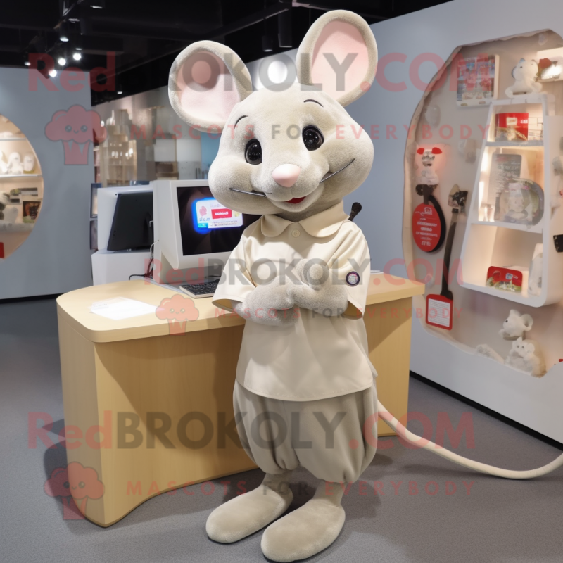 Beige Mouse mascot costume character dressed with a Long Sleeve Tee and Hair clips