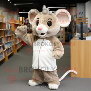 Beige Mouse mascot costume character dressed with a Long Sleeve Tee and Hair clips