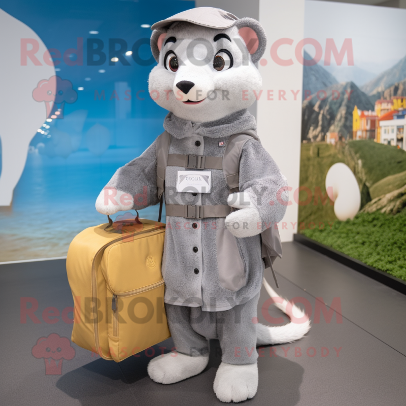 Gray Weasel mascot costume character dressed with a Raincoat and Messenger bags