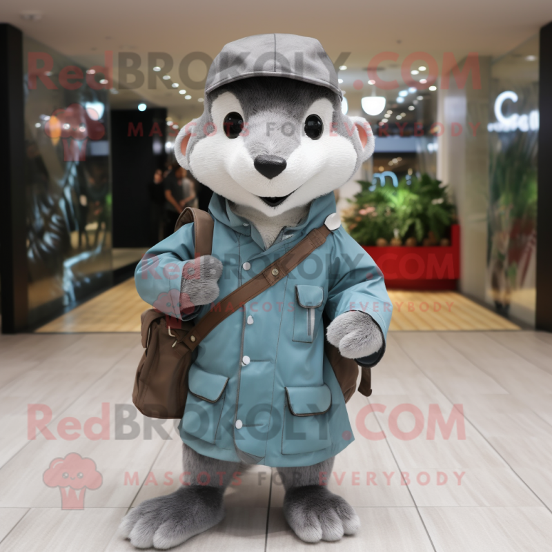 Gray Weasel mascot costume character dressed with a Raincoat and Messenger bags