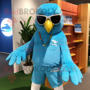 Sky Blue Falcon mascot costume character dressed with a Board Shorts and Keychains