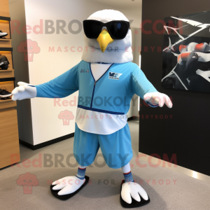 Sky Blue Falcon mascot costume character dressed with a Board Shorts and Keychains