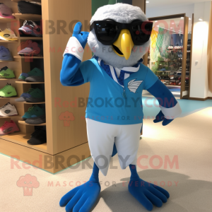 Sky Blue Falcon mascot costume character dressed with a Board Shorts and Keychains