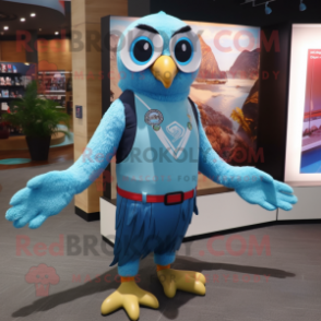 Sky Blue Falcon mascot costume character dressed with a Board Shorts and Keychains