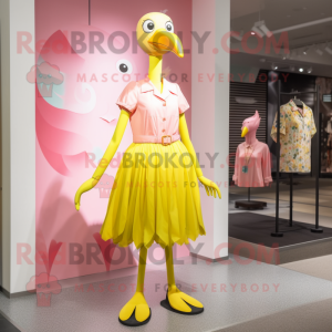 Yellow Flamingo mascot costume character dressed with a A-Line Dress and Belts