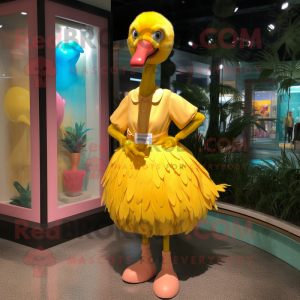 Yellow Flamingo mascot costume character dressed with a A-Line Dress and Belts