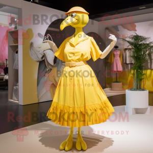 Yellow Flamingo mascot costume character dressed with a A-Line Dress and Belts
