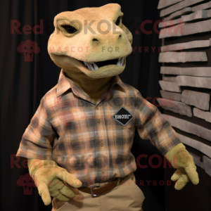 Tan Komodo Dragon mascot costume character dressed with a Flannel Shirt and Tie pins