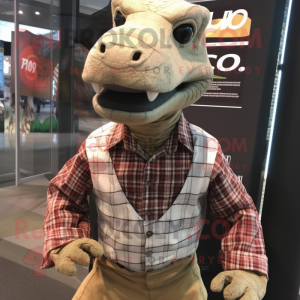 Tan Komodo Dragon mascot costume character dressed with a Flannel Shirt and Tie pins