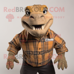 Tan Komodo Dragon mascot costume character dressed with a Flannel Shirt and Tie pins