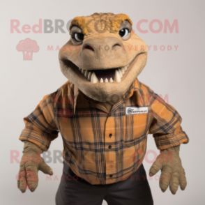Tan Komodo Dragon mascot costume character dressed with a Flannel Shirt and Tie pins