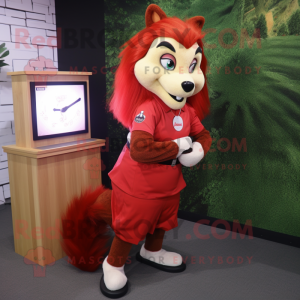 Red Skunk mascot costume character dressed with a Pencil Skirt and Digital watches