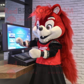 Red Skunk mascot costume character dressed with a Pencil Skirt and Digital watches