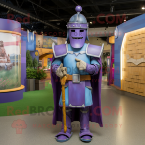 Purple Medieval Knight mascot costume character dressed with a Chambray Shirt and Belts