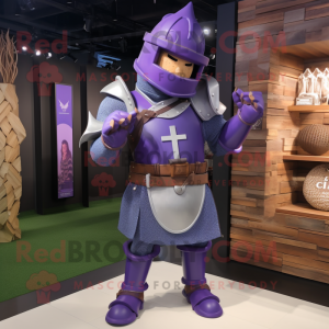 Purple Medieval Knight mascot costume character dressed with a Chambray Shirt and Belts