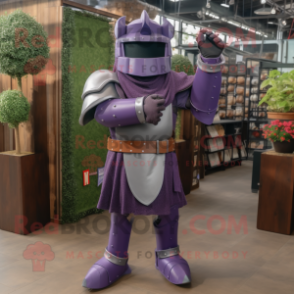Purple Medieval Knight mascot costume character dressed with a Chambray Shirt and Belts