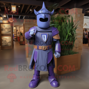 Purple Medieval Knight mascot costume character dressed with a Chambray Shirt and Belts