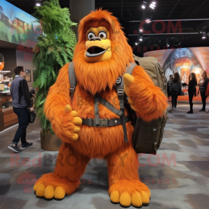 Orange Sasquatch mascot costume character dressed with a Dress and Backpacks