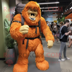 Orange Sasquatch mascot costume character dressed with a Dress and Backpacks